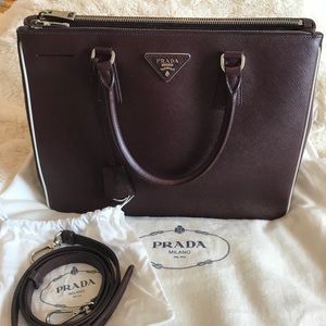 Prada Saffiano Lux Double ZIP Tote - Burgundy